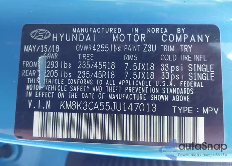 2018 Hyundai Kona Limited from USA, damaged, VIN KM8K3CA55JU147013